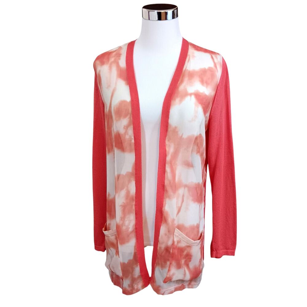 CHICO'S 1 Light Cardigan Topper M Artsy‎ Coral Sheer Panels Office Career Events